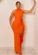 Women Solid Elegant Pleated Slit Off Shoulder Irregular Sleeveless High Neck Dress