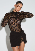 Women Solid Lace See-Through Long Sleeve Top and Skirt Two-piece Set