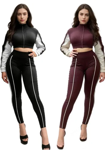 Fashionable Contrast Crop Sports Casual Two Piece Pants Set