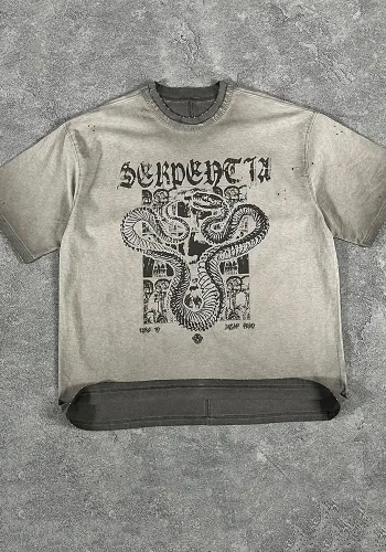 Spring Summer Ripped Retro Printed T-Shirt Men's Trendy Loose Washed Top