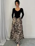 Sexy High Waist Contrast Spring Elegant Leopard Patchwork V-Neck Maxi Dress