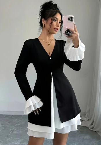 Contrast Color Elegant V-Neck Ruffle Sleeves A-Line Dress
