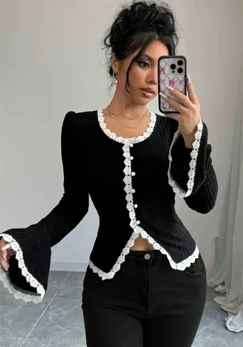 Elegant Lace Edge Bell Bottom Sleeve T-Shirt Chic Black And White Contrast Color Round Neck Lace Knitting Bell Bottom Sleeve Shirt