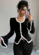 Elegant Lace Edge Bell Bottom Sleeve T-Shirt Chic Black And White Contrast Color Round Neck Lace Knitting Bell Bottom Sleeve Shirt