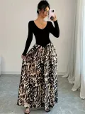 Sexy High Waist Contrast Spring Elegant Leopard Patchwork V-Neck Maxi Dress