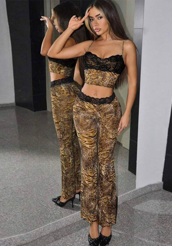 Women's Sexy Leopard Print Lace Patchwork Straps Vest Slim Fit Trousers Set