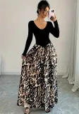Sexy High Waist Contrast Spring Elegant Leopard Patchwork V-Neck Maxi Dress