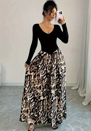 Sexy High Waist Contrast Spring Elegant Leopard Patchwork V-Neck Maxi Dress