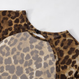 Women Round Neck Leopard Mesh Hollow Backless Button Jumpsuit