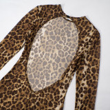 Women Round Neck Leopard Mesh Hollow Backless Button Jumpsuit