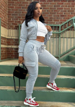 Women Casual Brushed Zipper Patchwork Top and Pants Sports Two-Piece Set