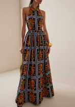 Women Summer Sexy Backless Turndown Collar Print Strap Dress