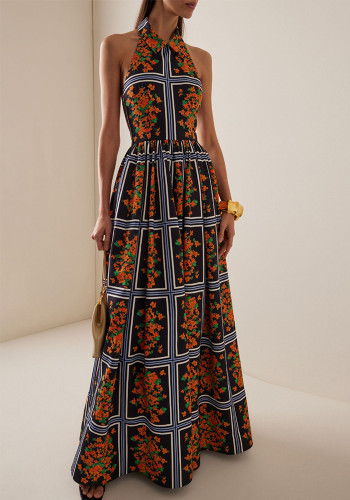 Women Summer Sexy Backless Turndown Collar Print Strap Dress