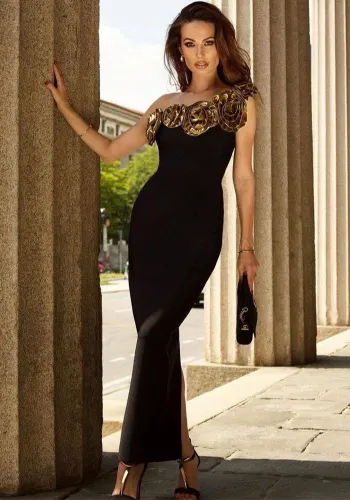 Women elegant party golden flower one-shoulder Bodycon bandage dress
