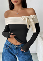 Women Long Sleeve Off Shoulder Bow T-Shirt