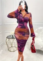 Women Tie-dyed Long Sleeve Sexy Patchwork Bodycon Dress