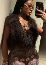Women Fur Halter Neck V-Neck Backless Tether Crop Tank Top
