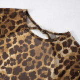 Women Round Neck Leopard Mesh Hollow Backless Button Jumpsuit