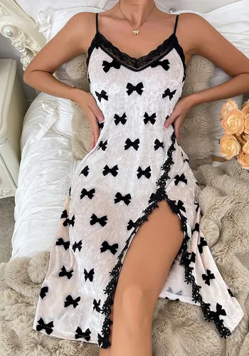 Women Sexy Printed Velvet Lace Patchwork Slit Suspender Nightdress