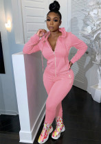Women Casual Solid Hooded Zipper Pocket Top and Pants Two-Piece Set