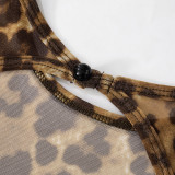 Women Round Neck Leopard Mesh Hollow Backless Button Jumpsuit