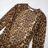Women Round Neck Leopard Mesh Hollow Backless Button Jumpsuit