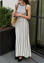 Women retro stripes summer knitting Round Neck sleeveless long dress