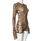 Women Round Neck Leopard Mesh Hollow Backless Button Jumpsuit