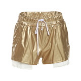 Women Fashion Contrast Color PU Leather Lace-Up High Waist Shorts