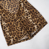 Women Round Neck Leopard Mesh Hollow Backless Button Jumpsuit