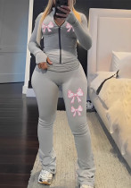 Women bow print zipper top and pants yoga two-piece set