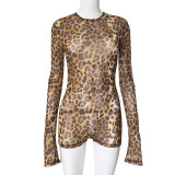 Women Round Neck Leopard Mesh Hollow Backless Button Jumpsuit