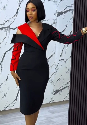 Contrast Color Patchwork V-Neck Bodycon Dress