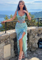 Women's Fashion Mesh Print Sexy Low Back Vest Slit Long Skirt Two-Piece Set