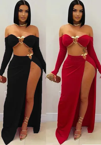 Solid Color Long Sleeve Sexy Crop Top Slit Long Skirt Two Piece Set For Women
