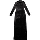 Autumn And Winter Women Fashion Design Round Neck Long Sleeve High Waist Slim Long Dress