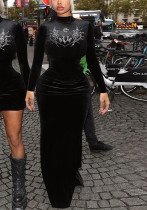 Autumn And Winter Women Fashion Design Round Neck Long Sleeve High Waist Slim Long Dress