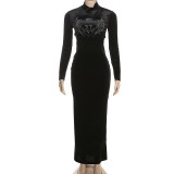 Autumn And Winter Women Fashion Design Round Neck Long Sleeve High Waist Slim Long Dress
