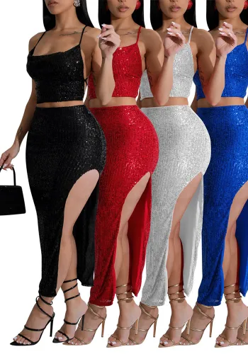 Women sexy sequined dress camisole top slit Skrit Two Piece Set