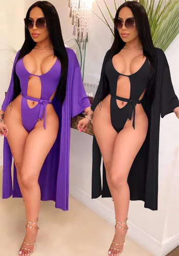 Women solid sexy bikini one-piece swimsuit + jacket