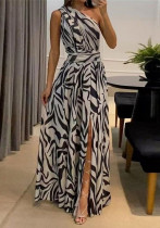 Women Slash Shoulder Sexy Slit Print Dress