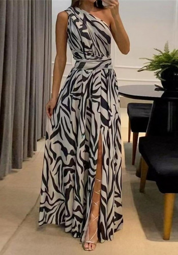 Women Slash Shoulder Sexy Slit Print Dress