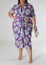 Women Sexy Printed V-neck Lace-up Dress