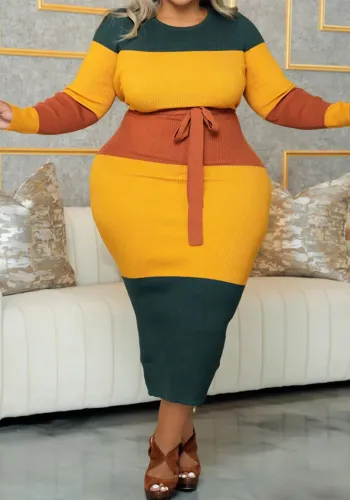 Plus Size Women Round Neck Bodycon Contrast Dress