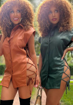 Women Sleeveless Lace-up V-neck Pu-Leather Shirt Top