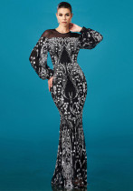 Women Long Sleeve Round Neck Formal Party Sequin Bodycon Fishtail Evening Dress