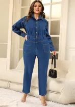 Plus Size Women Denim Long Sleeve Turndown Collar Jumpsuit