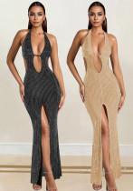 Women Sleeveless Halter Neck Off Shoulder Beaded Slit Dress