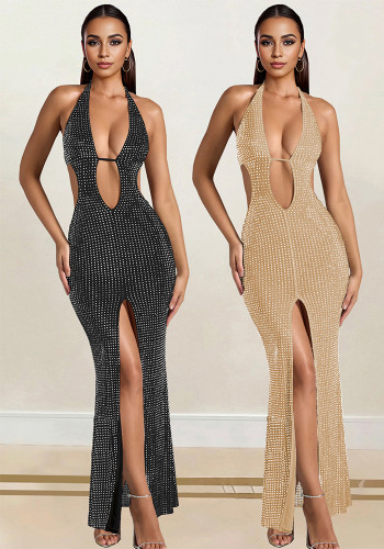Women Sleeveless Halter Neck Off Shoulder Beaded Slit Dress