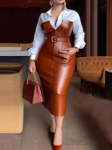 Women Pu Leather Belt Patchwork Contrast Long Sleeve Dress